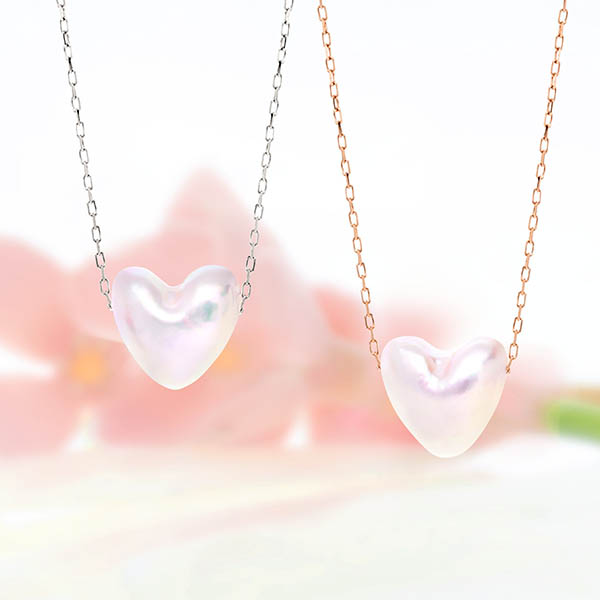 Sweet Rose 希少なハート型あこや真珠 1粒ペンダント ピンクゴールドネックレス