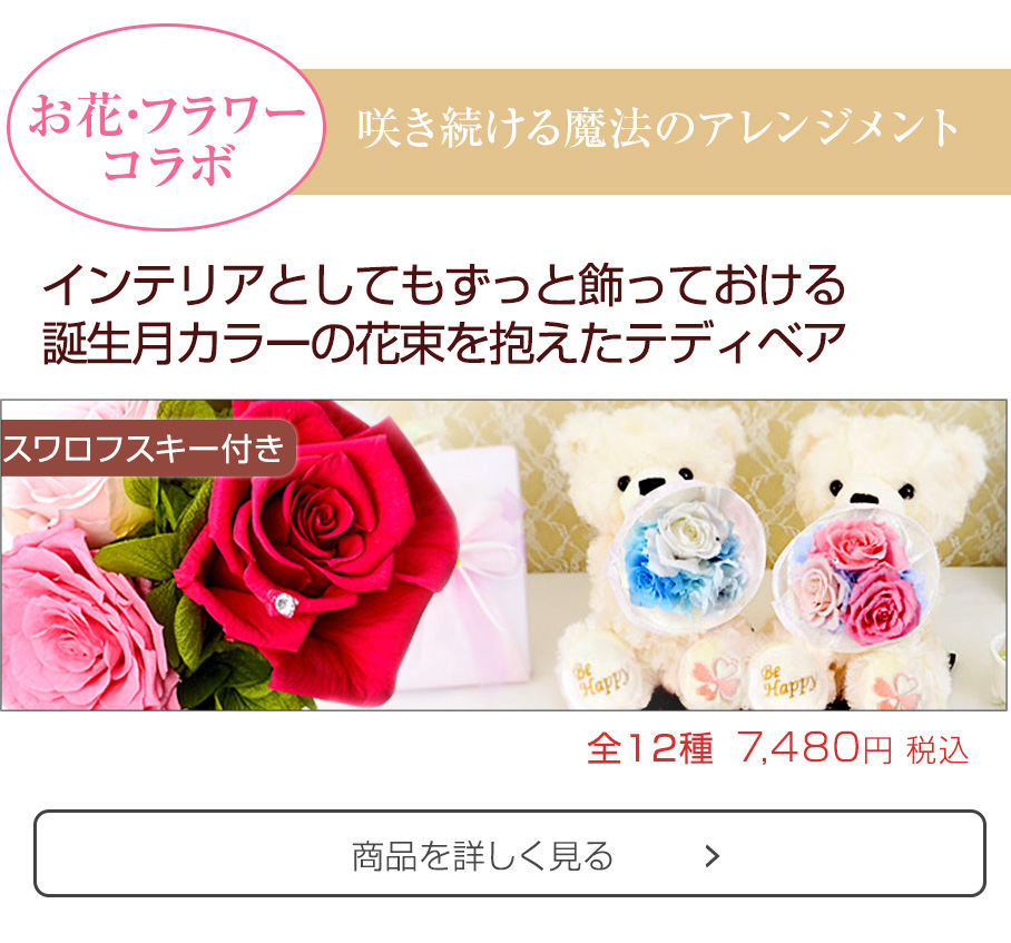 誕生日カラーの花束を抱えたテディベア